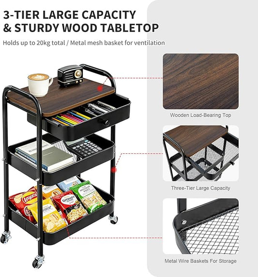 CAMOAT 3-Tier Rolling Storage Cart with Wooden Top and Drawer, Metal Mesh Mobile Utility Cart with Handle and Lockable Wheels, Multipurpose Organizer Trolley for Kitchen, Living Room, Bathroom,Office