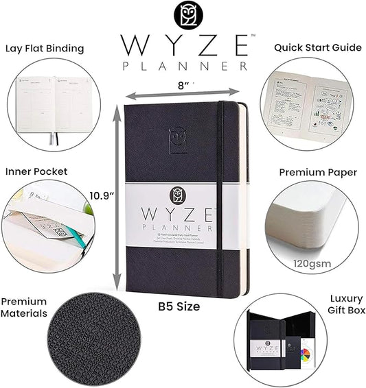 Wyze Planner Undated Daily Planner – 1-Year B5 Productivity Organizer with Two-Page Weekly Spread, Goal Setting, Habit Tracker, Weekly & Monthly Pages – Hardcover Time Management Notebook (Black)