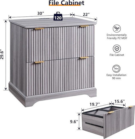 JXQTLINGMU 2 Drawer File Cabinet with Charging Station, 30" Fluted Lateral File Cabinet w/Files Hanging Rod for Letter/Legal/A4, Large Tabletop for Printer, Office Wood Printer Cabinets, Grey