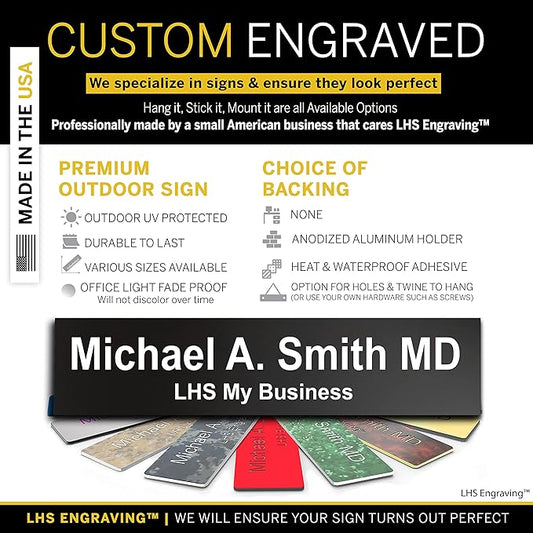Personalized Name Plate with Choice of Mounting for Walls, Doors, Desk Holders, Cubicles, Hanging and More - Custom Black Plastic White Letters - USA Made 2x8 - B2