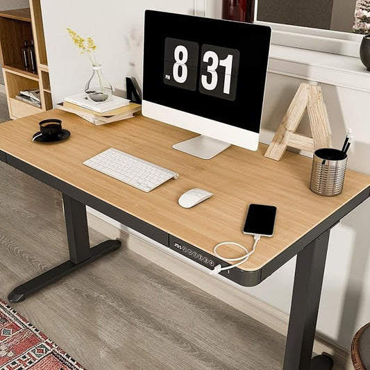FLEXISPOT Electric Standing Desk with Drawer Storage Adjustable Height Quick Assembly Table w/USB Charge Ports (Natural Desktop + Black Frame)