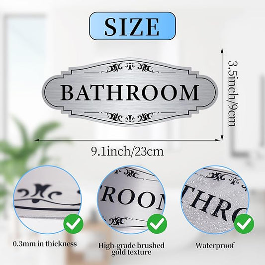Bathroom Sign Sticker for Business and Home,Self-adhesive Brushed Silver Cute Bathroom Decor for Door,Waterproof Vinyl Restroom Sign for Home,Office,Shop(Silver)