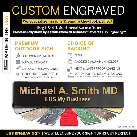 Custom Name Plate with Choice of Mounting for Walls, Doors, Cubicles, Hanging and More - Personalized Gloss Black Plastic Gold Letters - USA Made 2x12 - B3