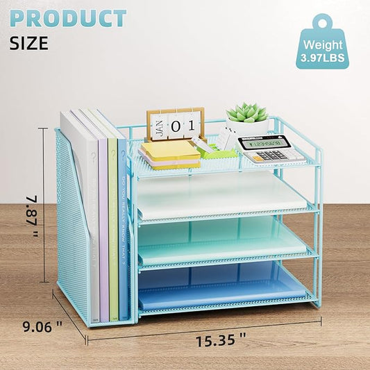 Marbrasse Desk Organizer and Accessories,4-Tier Paper Letter Tray Organizer with File Holder,Desk Accessories & Workspace Desktop Organizers for School Home Office Supplies (Blue)