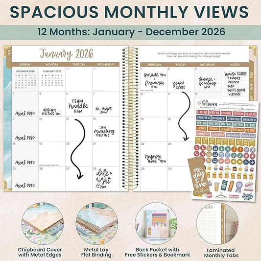 bloom daily planners 2026 Hardcover Calendar Year Goal & Vision Planner (January to December) - Monthly & Weekly Agenda Organizer - 7.5" x 9" - Ocean Oasis