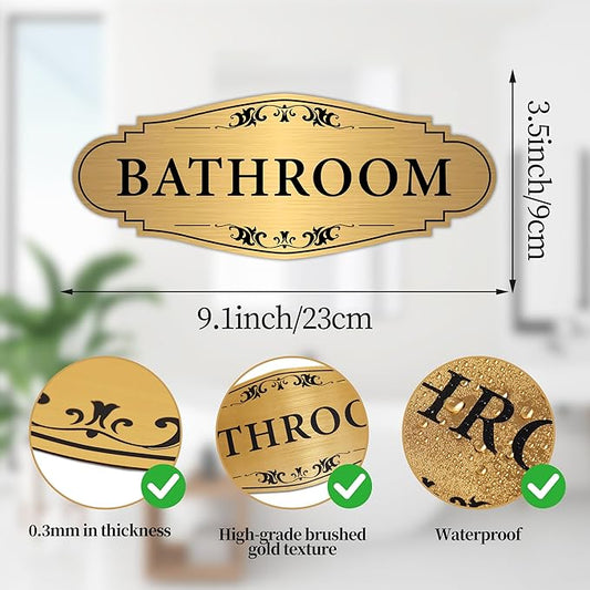 Bathroom Sign Sticker for Business and Home,Self-adhesive Brushed Gold Bathroom Decor for Door,Waterproof Vinyl Restroom Sign for House, Office, Shop