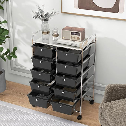 HAPPYGRILL 10-Drawer Rolling Storage Cart, Storage Organizer Cart with Lockable Wheels, Beauty Salon Movable Utility Cart for School, Office, Home, (Black)