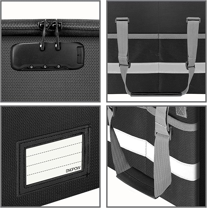 ENGPOW File Box with Lock,Fireproof Document Box with Zipper&Pockets,Collapsible File Organizer Filing Storage Cabinet with Handle,Portable Home Office Safe for Hanging Letter/Legal Folder,Black