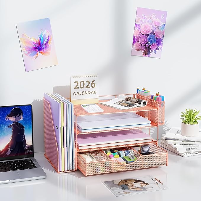 gianotter Desk Organizers and Accessories with File Holder, 4-Tier Desk Accessories & Workspace Organizers with Drawer and 2 Pen Holder, Paper Organizer for Office Supplies (Rose Gold)