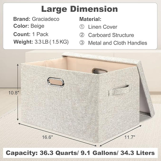 Graciadeco Large 17 36 Quart Collapsible Stackable Storage Bins with Lids, 1 Pack Beige Foldable Fabric Closet Storage Boxes with Lids, 4 Handles Toy Heavyduty Dark Gray Linen Storage Cube Box
