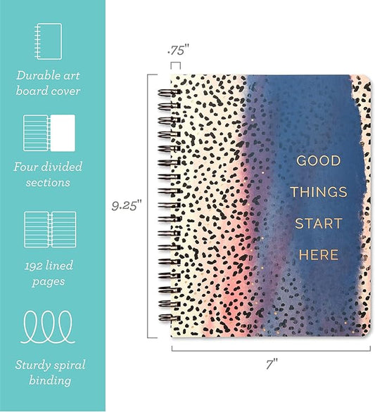 Compendium Spiral Notebook - Good Things Start Here — A Designer Spiral Notebook with 192 Lined Pages, College Ruled, 7.0”W x 9.25”H