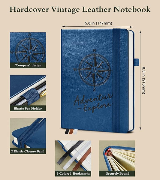 PAIBAS Graph Notebook for Women Men, 160 Pages Grid Paper, Graphing Notebooks for School, Work, Quad Ruled, Inner Pocket, A5 Hardcover Vintage Leather Journals for Writing, 5.8"x8.5" (Navy)