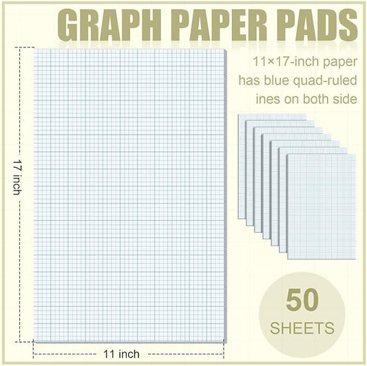 Ctosree 6 Pcs 11 x 17 Quadrille Pads 4 Squares Per Graph Paper Pad Back to School Engineer Grid Paper Pad for School Supplies 50 Sheets/Pack