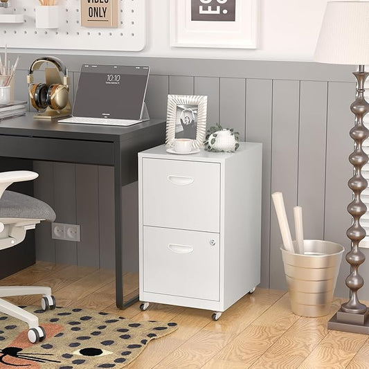 SteeLoong 2 Drawer File Cabinet with Lock,White Rolling File Cabinet for Home Office, Metal Small Mobile Filing Cabinets on Wheels for Hanging Letter