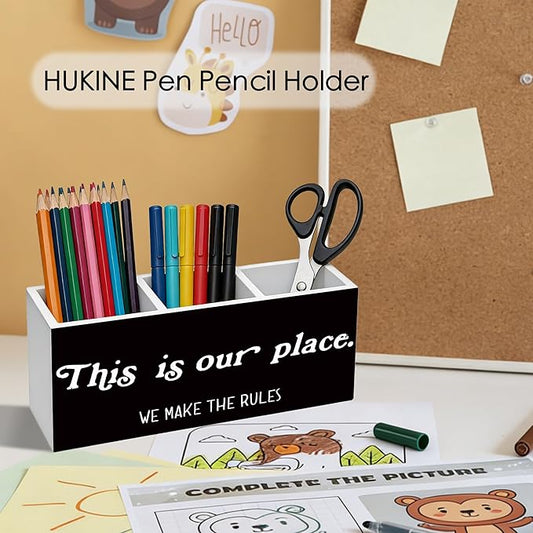 HUKINE This Is Our Place We Make the Rules Pen Holder for Desk Decoration, Inspirational Quotes Wooden Box Sign Pencil Holder Organizer for Home Office Desk Accessories, Housewarming Gifts New Home