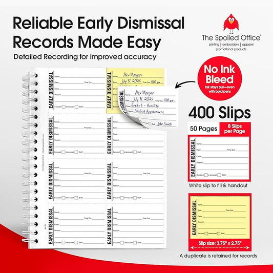 The Spoiled Office Early Dismissal Slip Book with Carbonless Duplicates 400 Pcs- 2 3/4"x3 3/4"- Easy Tracking Log Book for School Carbon Copy, School Supplies, Office Supplies for Desk, Spiral Bound
