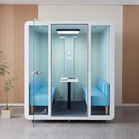 GEARONIC Mobile Office Pod Booth, Sound Proof Office Booth Pod with Mobile Roller, Larger Space for 4-6 People, LED Lighting System,Fans and AC USB Ports