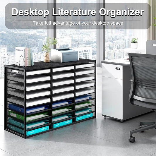 PAG-Mass Mail Sorter Adjustable Countertop Heavy Duty Literature Organizer Student Mailbox for Classroom Desktop Bill Paper Holder Rack for Office Home School, 27 Compartments, Black