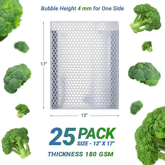 Amiff Silver Thermal Bubble Mailer, 12 x 17 Inches. 25 Pack Metallic Bubble Mailers. Self-Seal Insulated Mailers for Cold Shipping. Padded Envelopes Waterproof. Thermal Bag for Food, Cosmetics