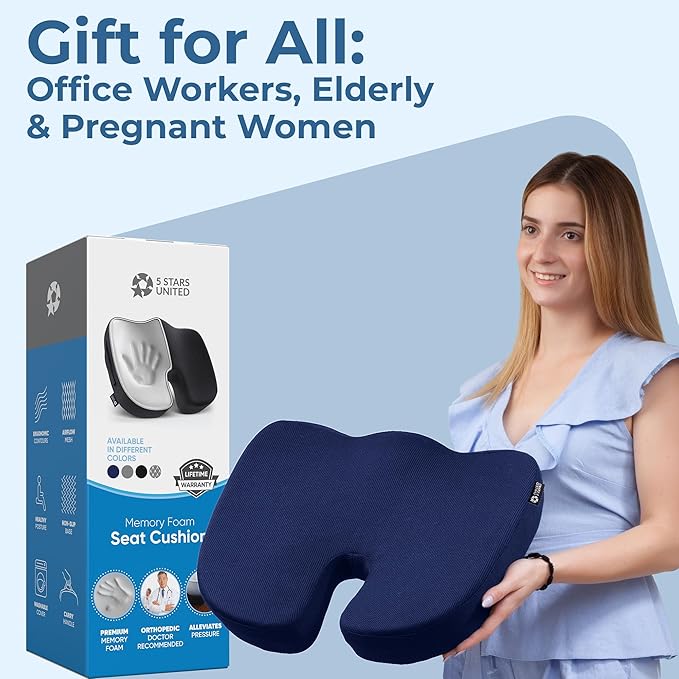 5 STARS UNITED Seat Cushion for Tailbone Pain Relief ā Memory Foam Cushion for Coccyx, Hip, Hemorrhoid, Sciatica & Post-Surgery Recovery ā Wheelchair, Car, Desk, Gaming & Office Chairs, D Blue