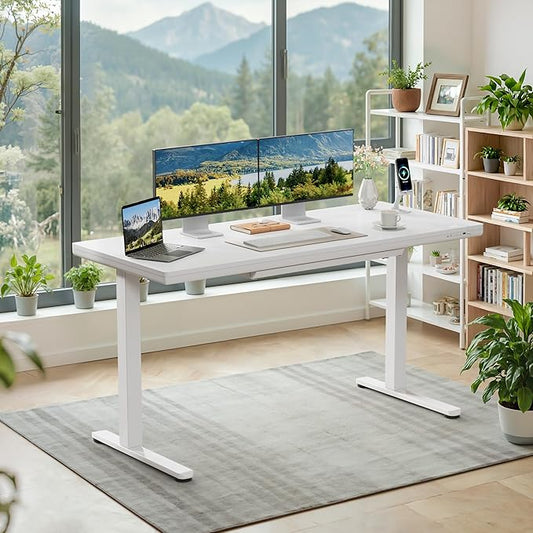 Furmax Electric Standing Desk with Drawers, Adjustable Height Home Office Sit Stand Desk with One-Piece Desktop & USB Charging Port for Computer Desks (White Desktop, 55 Inch)