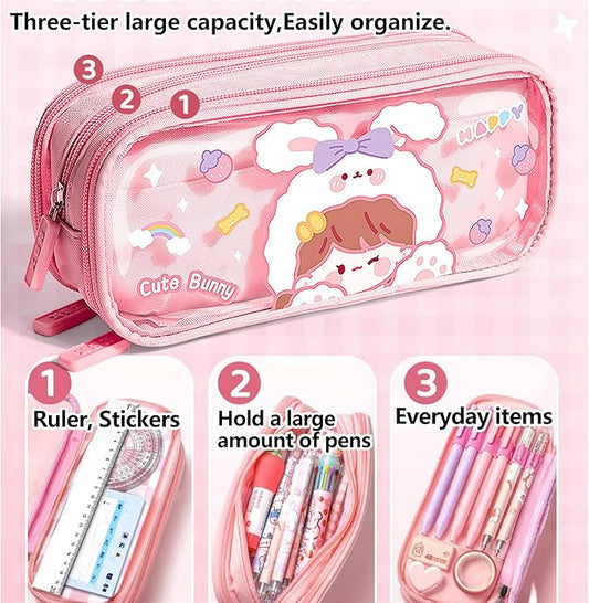 UINSUE Cute Pen case Adorable Bunny Transparent 3-Layer Large Capacity Pencil Case Gadget organizer with Lovely Stickers (Pink-Bunny)