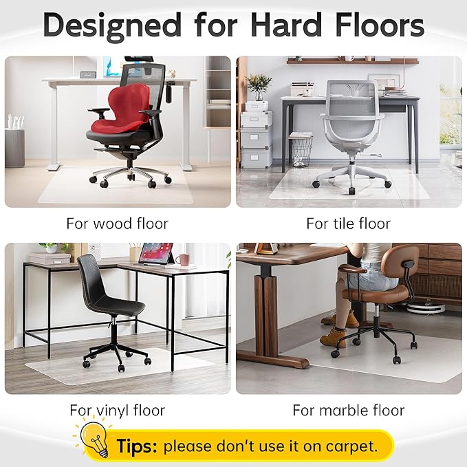 HOMEK Office Chair Mat for Hardwood Floor, 72" x 36" Clear Computer/Desk Chair Mat for Hard Floor, Thicker, Easy Glide, Non-Slip, Protects Hard Surfaces from Scratches, Ideal for Home or Office