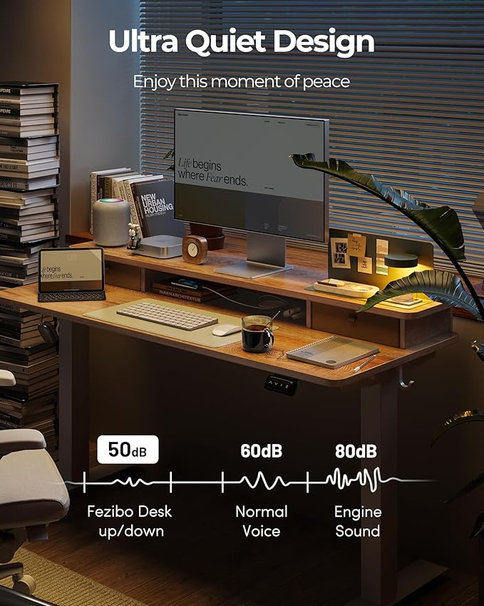 FEZIBO 48 x 24 Inch Height Adjustable Electric Standing Desk with Double Drawer, Stand up Home Office Computer Desk with 4 Height-Adjustable Feets & 2 Hooks,Maple