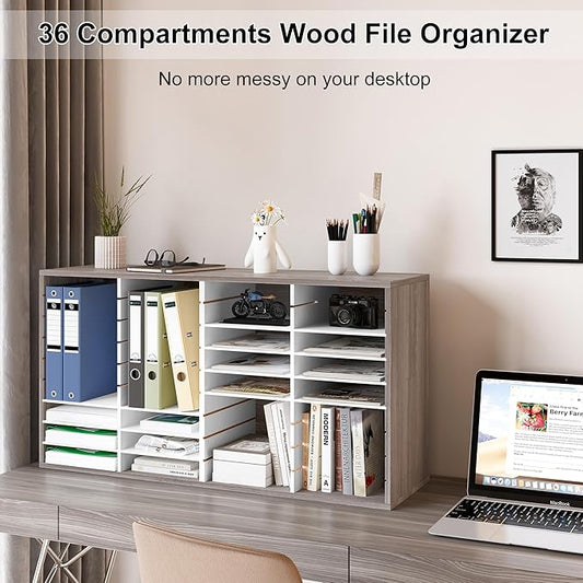 EasyPAG Wooden Literature Organizer with Adjustable Shelves, 36 Compartments Office Paper Organizer Storage 18000 Sheets Letter Size Paper, Student Mailbox for Classroom, Retro Gray/White