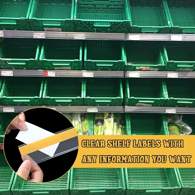 Fainne 100 Pcs 1.25 Inch Shelf Label Strip Holders Plastic Wire Shelf Price Tag Holder Self Adhesive Clear PVC Front and Back Labels Strip for Gondola Price Tag Wood Metal Rack, 48 Inches Long