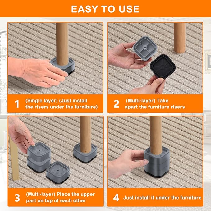 shouwuhho 24 Pack Furniture Risers Adjustable Bed Risers Heavy Duty Lifts Height 1", Square Stackable Bed Risers 1, 2 or 3 Inch for Desk Leg Table Couch Sofa Chair Bed Frame Legs Dorm, Gray
