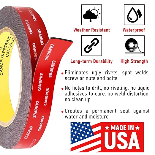 CANOPUS Double Sided Tape, 5952 Heavy Duty Mounting Tape, Strong Bond & Weatherproof Seal Strip for Automotive Mounting, Picture and Photo Frame, Poster, Craft, 0.75 in x 15 ft, Black, Made in USA