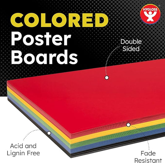 Hygloss Medium Colored Poster Board 11x14 - 100 Assorted Standard Color Poster Boards Bulk Pack - Red, Yellow, Green, Blue, Black - 10 Pt. Thickness Poster Board Paper, Posterboard Multipack 11" x 14"