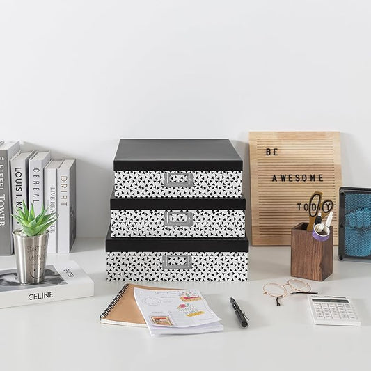 Soul & Lane Decorative Storage Boxes With Lids, Set of 3 Nesting Black and White Letter and Document Box Set for Photos, Scrapbooks, Keepsakes (Whimsical Triangles)