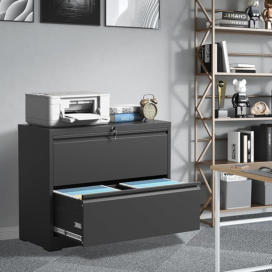 FLIXELIO File Cabinets 2 Drawer,Metal Office Storage Filing Cabinet with Lock,Black Lateral Filing Cabinet for Home Office,Horizontal 2-Drawer File Cabinets for Legal/Letter/A4,Assembly Require,Black