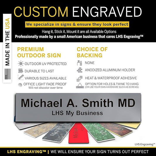 Personalized Name Plate with Choice of Mounting Holders for Walls, Doors, Cubicles, Hanging and More - Custom Gray Plastic Black Letters - USA Made 2x6 - B8