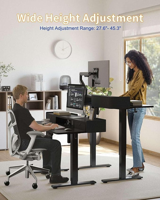 YIHAYO Electric Standing Desk with Drawers, 55 x 24 Inches Adjustable Desk with Storage Shelf, Stand Up Desk with Splice Board, Computer Table for Home Office, Black Frame/Black Top