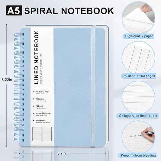 ABERLLS Blue Lined Spiral Journal Notebook with 160 Pages, 8×5.7in, A5 Spiral Notebook, Journaling Notebooks for Work, School, Women, Men, College Ruled Spiral Notebook, Hardcover Leather Journals