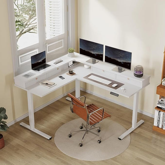 FLEXISPOT 63" L Shaped Standing Desk with Shelf Electric Corner... (White, 63x..