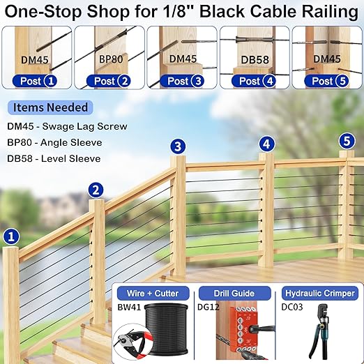 50 Pack Cable Railing Protector Sleeves for 1/8โ Deck Railing System, Black Cable Railing Kit Hardware for Wood Post, T316 Stainless Steel Marine Grade DB58