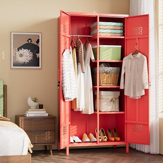 SUPEER 2 Doors Metal Storage Locker with Adjustable Shelves and 2 Hanging Rods, Metal Wardrobe Cabinet with Lock,Wardrobe Lockers for Home,Office,Assembly Required,Red