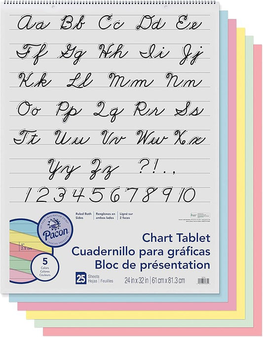 Pacon Colored Paper Chart Tablet, 5 Assorted Colors, Cursive Cover, 1" Ruled 24" x 32", 25 Sheets