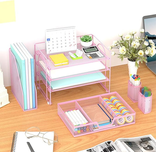 Marbrasse Desk Organizer and Accessories,4-Tier Paper Letter Tray Organizer with File Holder, Workspace Desk Organizers Accessories with Drawer and 2 Pen Holder (Pink, 15.4" x 9.1" x 8.3")