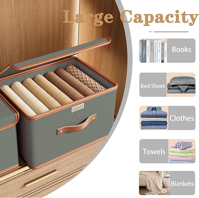 Tuza 4 Pack Storage Bins with Lids, Collapsible Closet Organizer Container, Fabric Organizer Box with Handles, Decorative Storage Boxes with Lids for Organizing Clothes, Blanket, Grey, Large