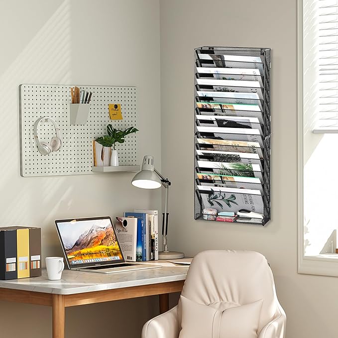 EasyPAG Wall File Holder 14 Tier Mesh Hanging Folder Organizer... (Black)