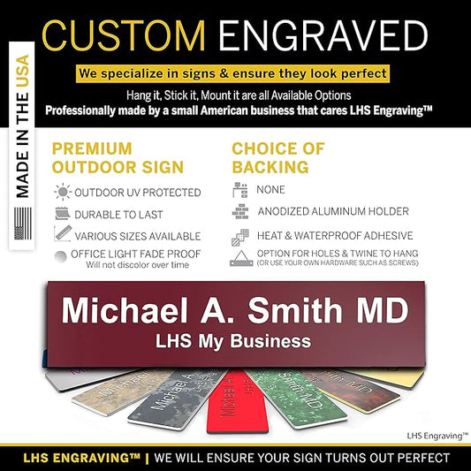 Personalized Name Plate with Choice of Mounting Holders for Walls, Doors, Cubicles, Hanging and More - Custom Burgandy Plastic White Letters - USA Made 2x6 - B26