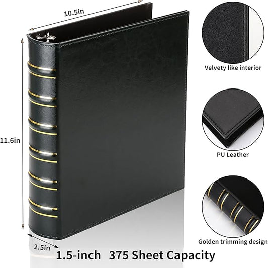 LETVPVOW Vintage Hardback 3 Ring Binder 1.5 Inch, Professional Leather Binder 3 Ring, Three Ring Binders Fits 8.5 x 11, D Ring Binders for Photo Album, Home, School and Office Supplies- Dark Green