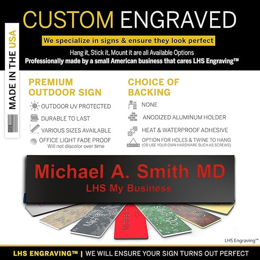 Custom Name Plate with Choice of Mounting for Walls, Doors, Cubicles, Hanging and More - Personalized Black Plastic Red Letters - USA Made 2x12 - B19
