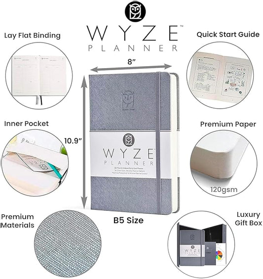Wyze Planner Undated Daily Planner – 1-Year B5 Productivity Organizer with Two-Page Weekly Spread, Goal Setting, Habit Tracker, Weekly & Monthly Pages – Hardcover Time Management Notebook (Gray)