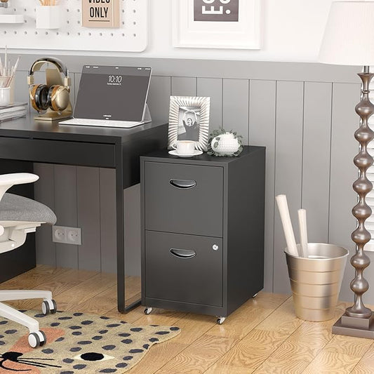 SteeLoong 2 Drawer File Cabinet with Lock,Black Rolling File Cabinet for Home Office, Metal Small Mobile Filing Cabinets on Wheels for Hanging Letter